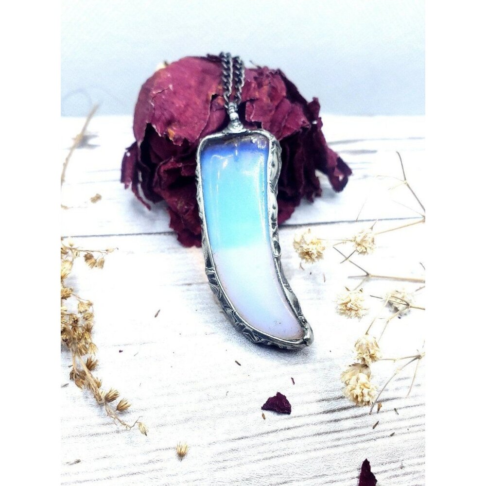 Opalite claw crystal necklace handmade gothic fantasy metalwork jewelry